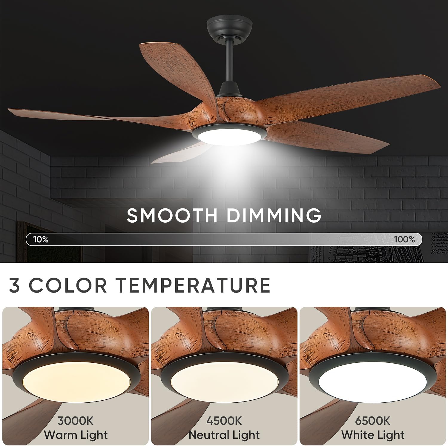 54'' Ceiling Fans with Lights, Indoor/Outdoor Modern Ceiling Fan with Remote, 5 ABS Blades, Reversible DC Motor, 6 Speeds, 3 Color Lights, ETL Listed, for Bedroom Living Room (Walnut)