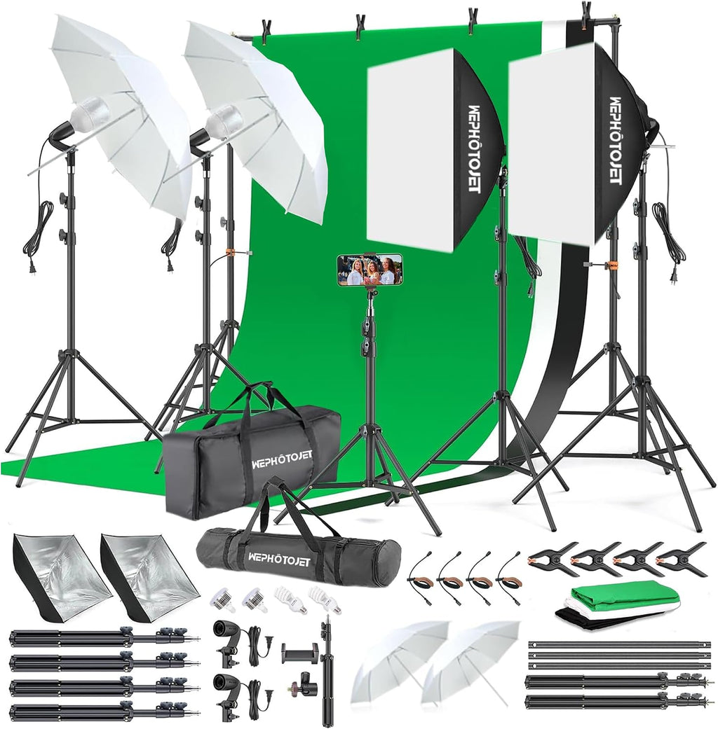 Photography Softboxes Kit with 6.6x10ft Backdrop Stands, 5 Tripod Stands, 3 Color Background Screen, Softbox with 85W Led Bulb, Photo Studio Equipment for Video Shoot, Product & Portrait