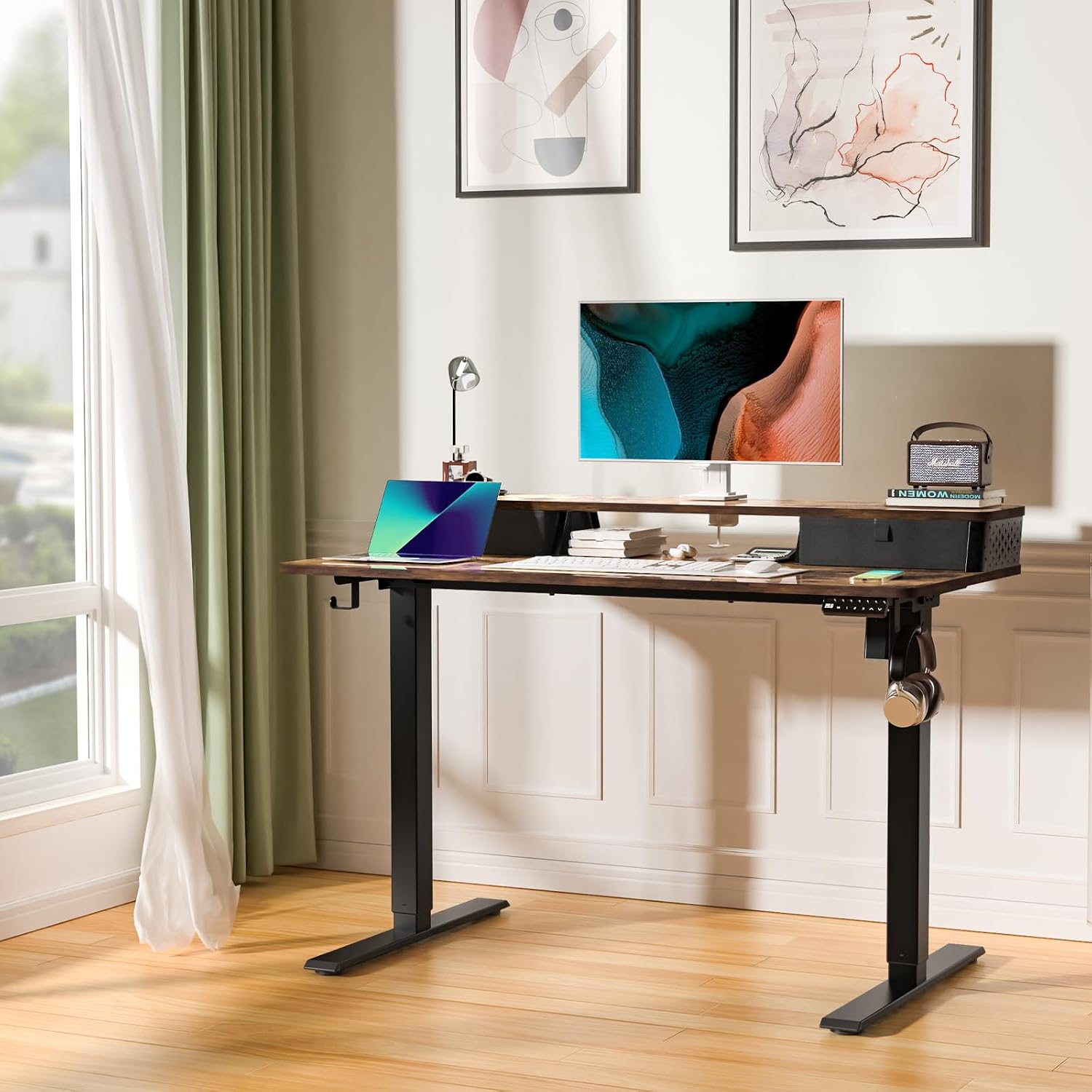 Electric Standing Desk with Two Drawers,48 x 24 Inch Sit Stand Desk Adjustable Height, Stand Up Desk with Storage Shelf, Computer Workstation for Home Office, Rustic Brown