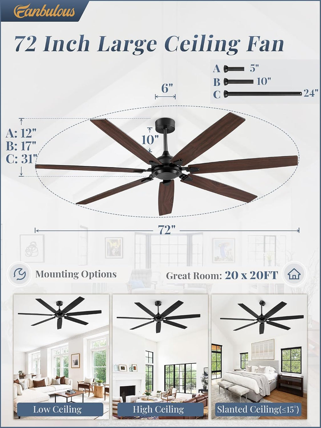 72 Inch Ceiling Fan No Light with Remote Control, Black Ceiling Fans Without Light With 6-Speeds Quiet Reversible DC Motor, Indoor/Outdoor Ceiling Fan with Dual Finish 7 Blades for Patio Living Room