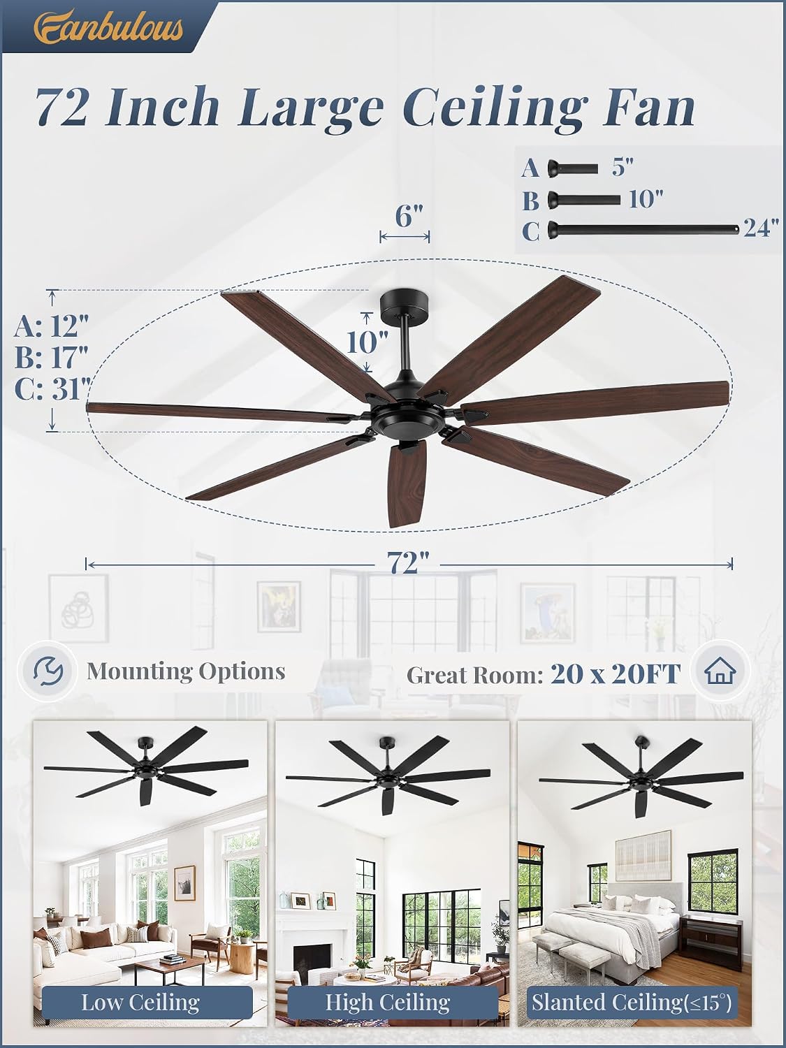 72 Inch Ceiling Fan No Light with Remote Control, Black Ceiling Fans Without Light With 6-Speeds Quiet Reversible DC Motor, Indoor/Outdoor Ceiling Fan with Dual Finish 7 Blades for Patio Living Room