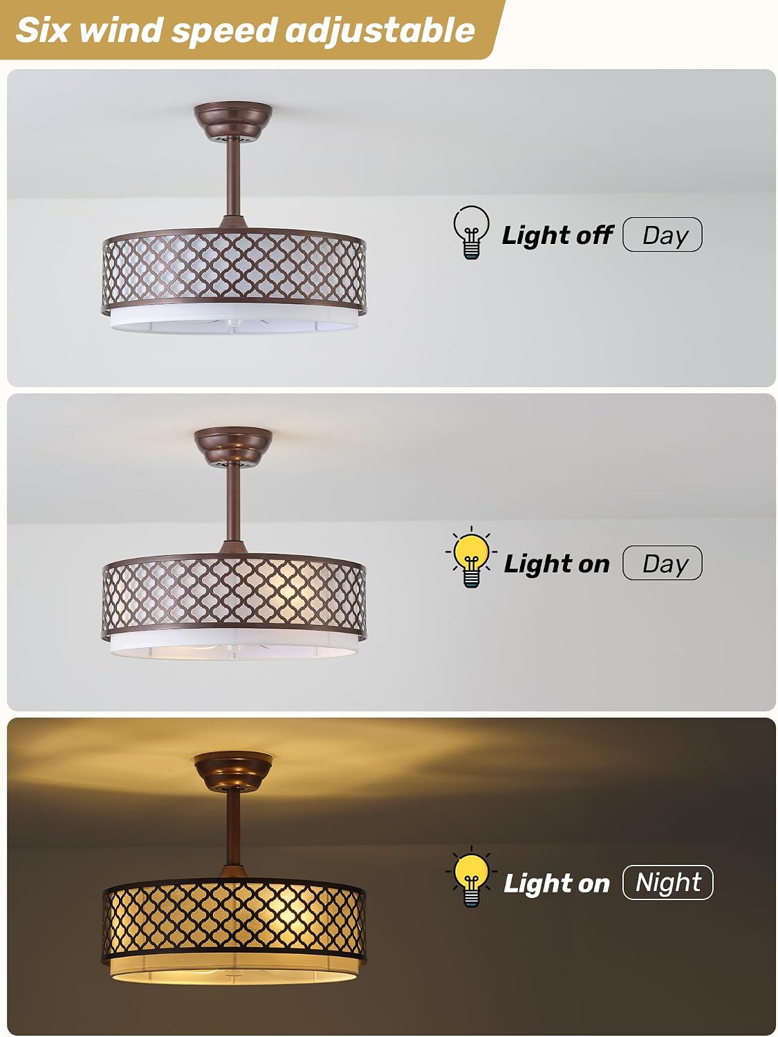 20' Brown Fandelier Ceiling Fan with Lights, Rustic Farmhouse Caged Ceiling Fan with Light Remote Control, Rattan with 6 Speeds for Bedroom, Nursery, Living Room