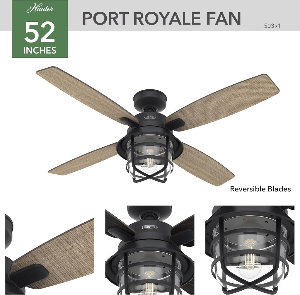 Hunter 52 inch Outdoor or Indoor Ceiling Fan with LED Light and Remote Control - Black Ceiling Fan, Standard Mount, 4 Blades, For Patio, Porch, or Living Room - Port Royale 50391, Natural Black Iron