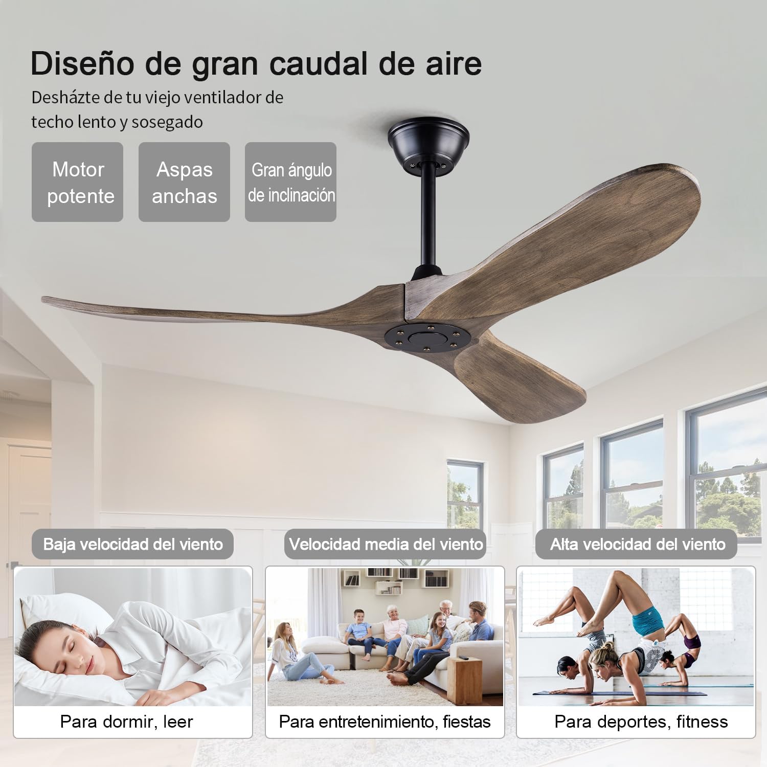 52 Inch Ceiling Fans Without Lights, Indoor/Outdoor Ceiling Fan no Light,3 Solid Wood Blades, Black Ceiling Fan for Living Room Patios Bedroom Porch (Gray Drawing Lines Blades)