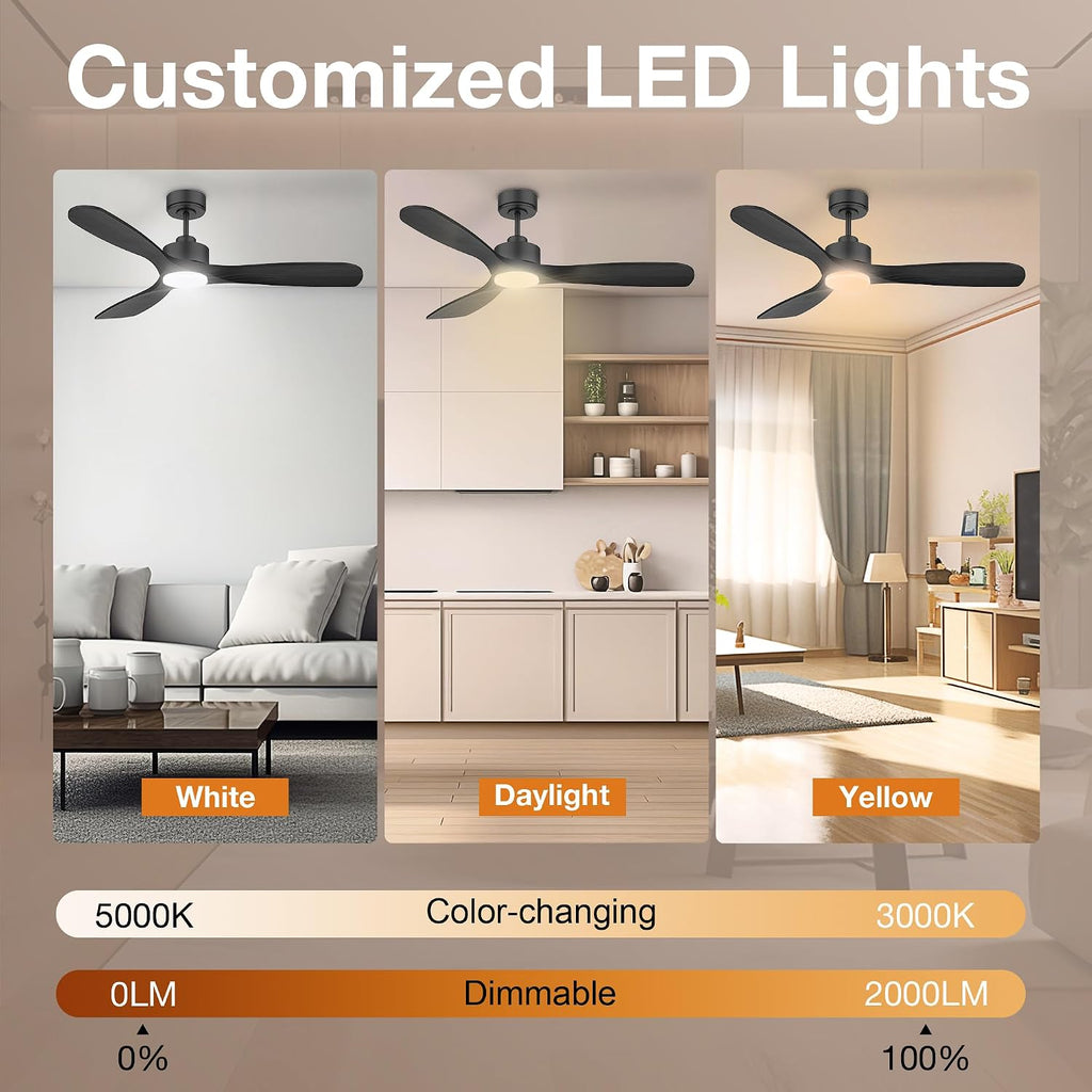 Hoenofly 52' Wood Smart Ceiling Fans with Lights Remote,Quiet DC Motor,Outdoor Indoor Ceiling Fan,Voice Control via WIFI Alexa App,Dimmable,Modern Black Ceiling Fan for Bedroom Patio Porch