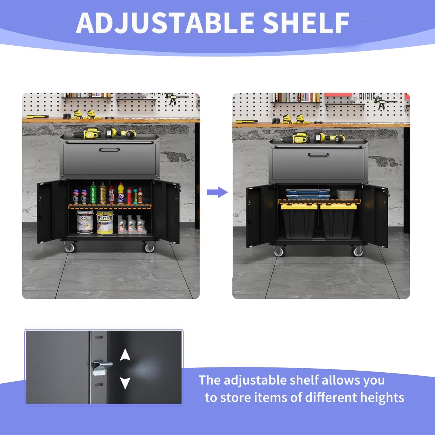 Metal Garage Storage Cabinet on Wheels, Lockable Rolling Tool Cabinet with Drawer and Shelves, Heavy Duty Mobile Steel Cabinet for Garage Warehouse Workshop