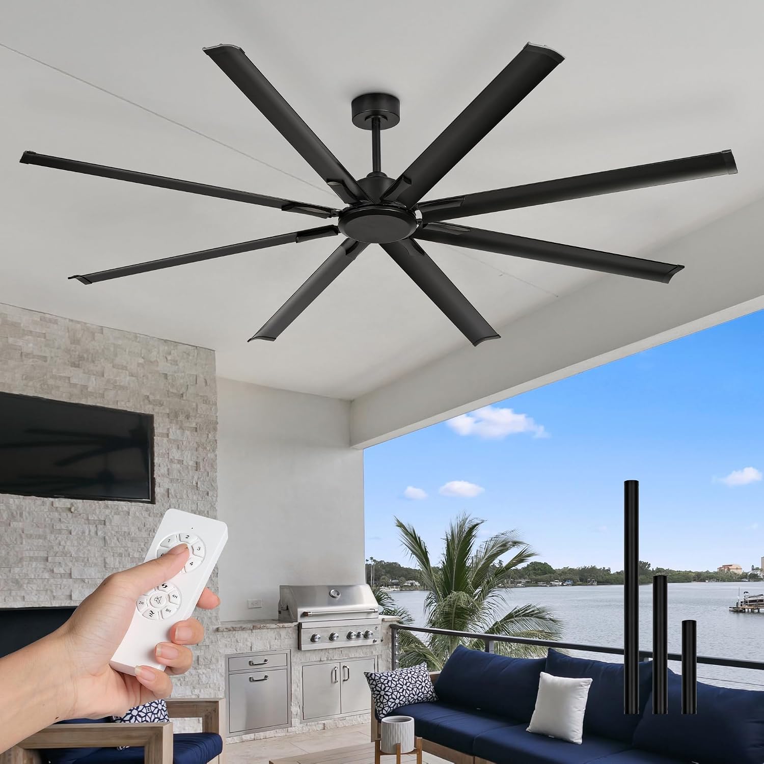84 Inch Industrial Ceiling Fan Without Light, Matte Black Outdoor Model for Covered Areas, 8 Aluminum Blades, Powerful Airflow, Modern No-Light Design, CF04NBK-84