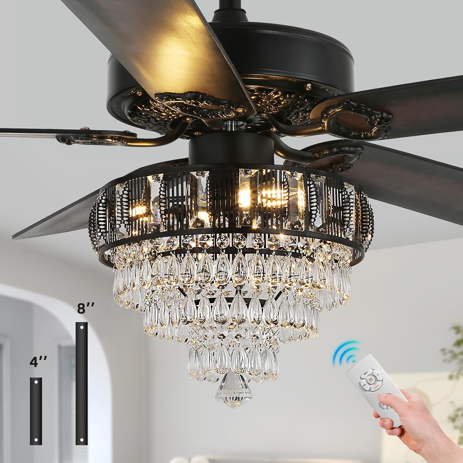 Modern Crystal Ceiling Fans with Lights and Remote Control, Farmhouse Retro Black Ceiling Fan Light, 52 Inch Fandelier Ceiling Fan for Living Room, Dining Room, Bedroom, Office