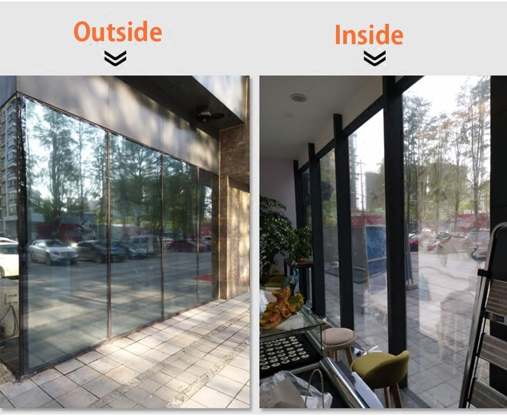 HOHOFILM 60' x 33ft Roll One Way Window Glass Film Reflective Silver Mirror Glass Tint Daytime Privacy Sun Blocking Anti UV Self-Adhesive