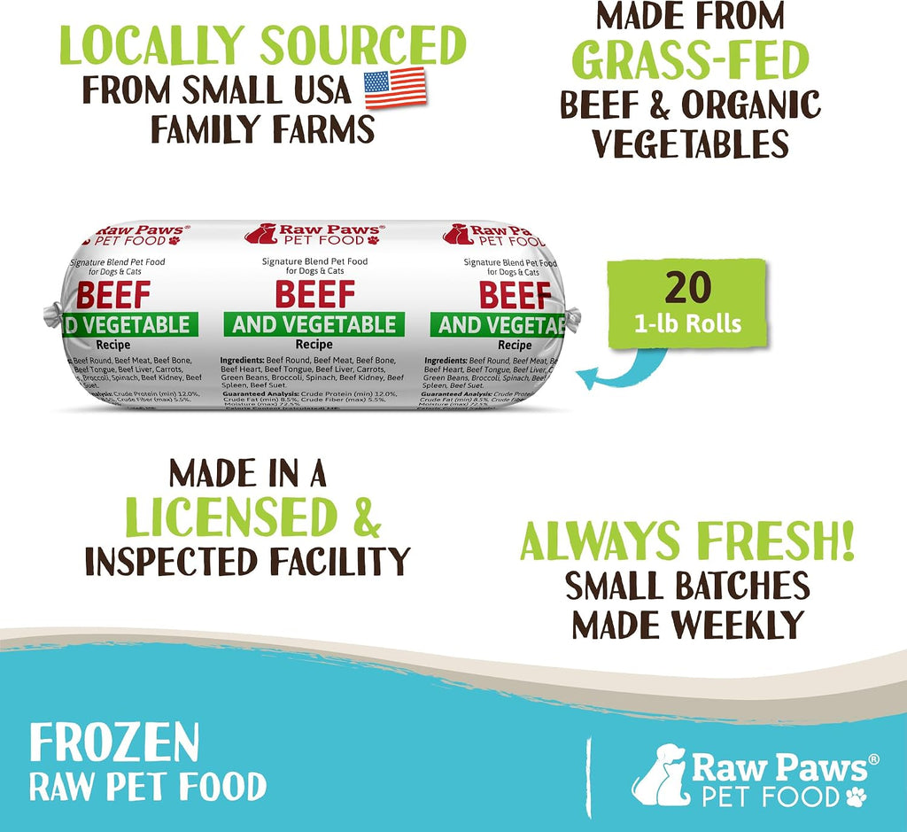 Raw Paws Signature Blend Pet Food for Dogs & Cats - Beef and Vegetables Recipe, 1-lb Rolls (20 Pack) - Fresh Pet Food Made in USA - Natural Dog Food Rolls - Raw Frozen Blend Dog & Cat Food