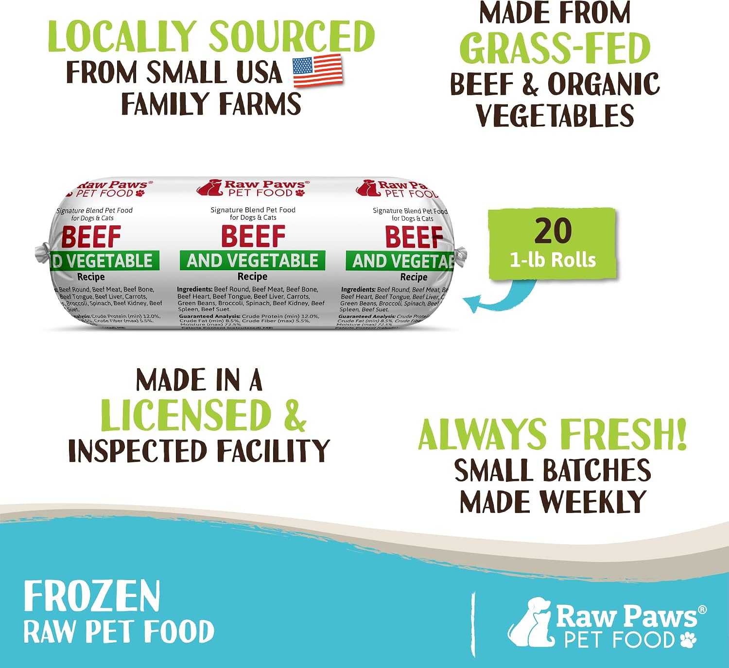Raw Paws Signature Blend Pet Food for Dogs & Cats - Beef and Vegetables Recipe, 1-lb Rolls (20 Pack) - Fresh Pet Food Made in USA - Natural Dog Food Rolls - Raw Frozen Blend Dog & Cat Food