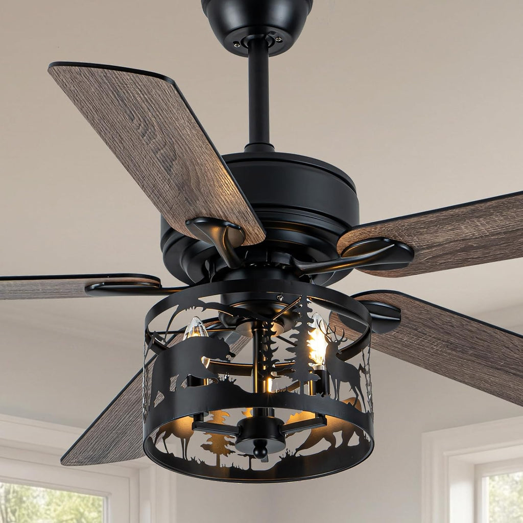 52' Farmhouse Ceiling Fan with Light and Remote, Rustic Fandelier Ceiling Fan with Deer & Bear Cut-out Drum Cage, Quiet Reversible DC Motor for Bedroom, Living Room, Kitchen, Black