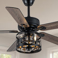 52' Farmhouse Ceiling Fan with Light and Remote, Rustic Fandelier Ceiling Fan with Deer & Bear Cut-out Drum Cage, Quiet Reversible DC Motor for Bedroom, Living Room, Kitchen, Black