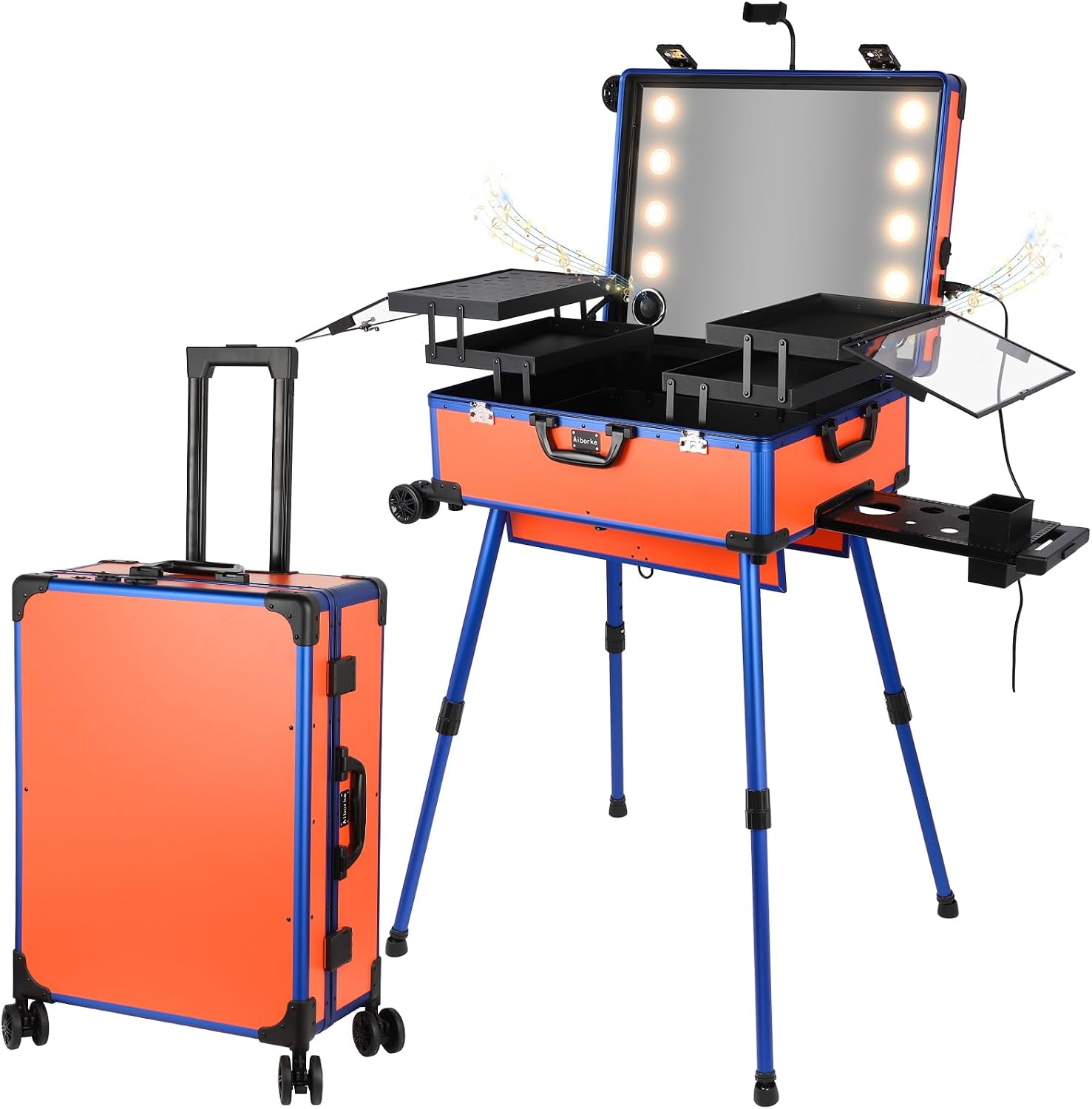 Rolling Makeup Train Case with Lighted Mirror and Bluetooth Speaker Professional Cosmetic Organizer Case with Wheels, Stands Portable Makup Station Vanity for Travel (Orange, Medium)