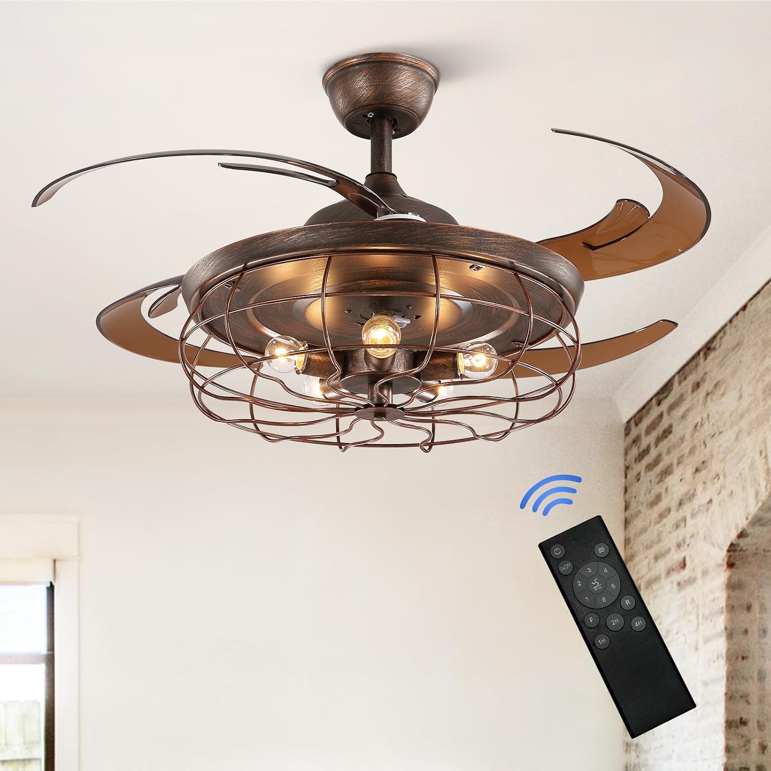 48 Inches Retractable Caged Ceiling Fan with Lights, Reverse Industrial Rusty Fandelier Fan Chandelier with Remote Control for Living Room Dining Room Bedroom - 5 Lights
