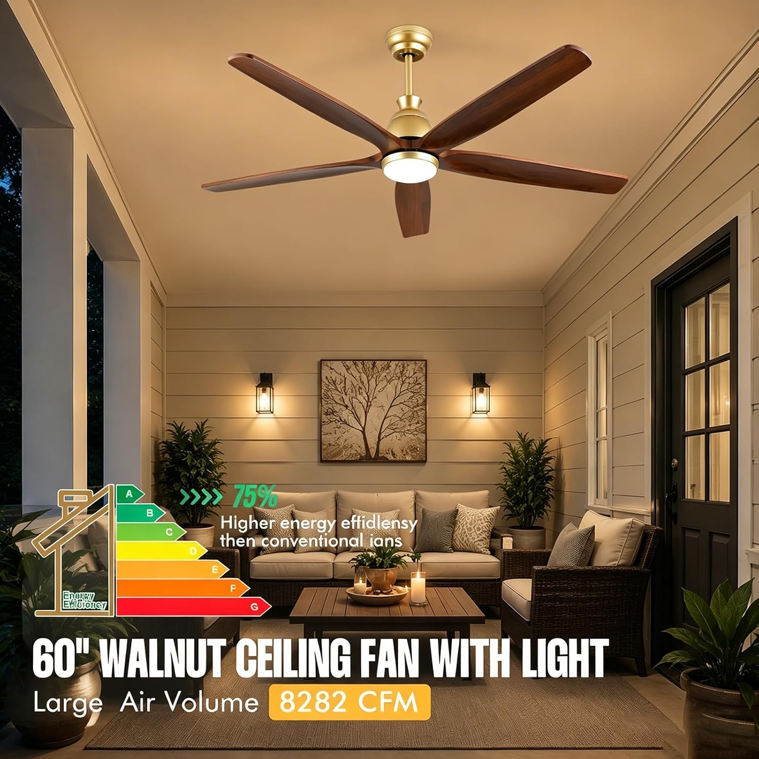 60 Inch Ourdoor Gold Ceiling Fan with Light, 5 Walnut Wood Blade Damp-Rated, Indoor Exterior High CFM Propeller for Patio Farmhouse, 6 Speeds Quiet Reversible DC Motor, for Living Room Porch