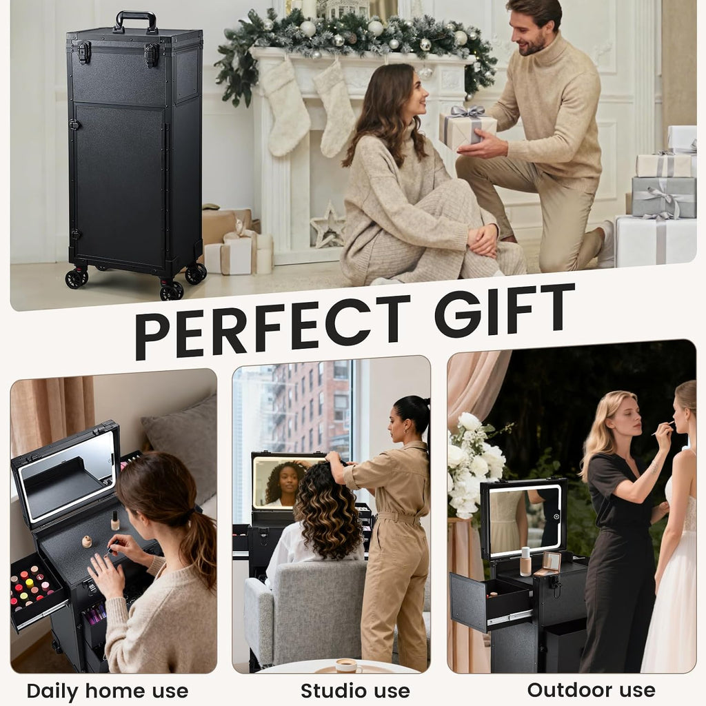 Rolling Makeup Case with LED mirror, Cosmetology Case on Wheels with Lighted Mirror, Professional Salon Trolley Cart with 3 Drawers,Travel Makeup Lockable Beauty Organizer with Live Stream Light