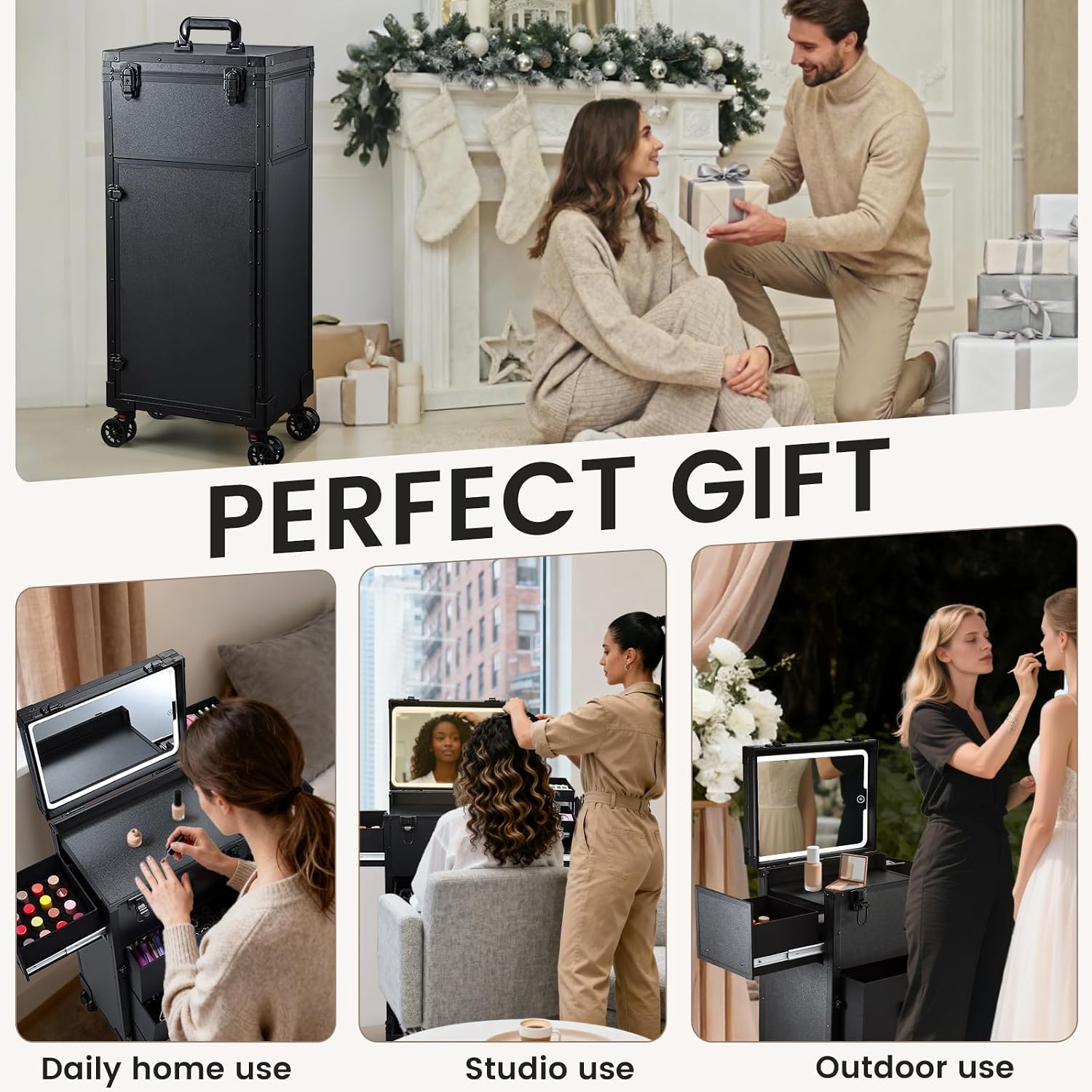 Rolling Makeup Case with LED mirror, Cosmetology Case on Wheels with Lighted Mirror, Professional Salon Trolley Cart with 3 Drawers,Travel Makeup Lockable Beauty Organizer with Live Stream Light