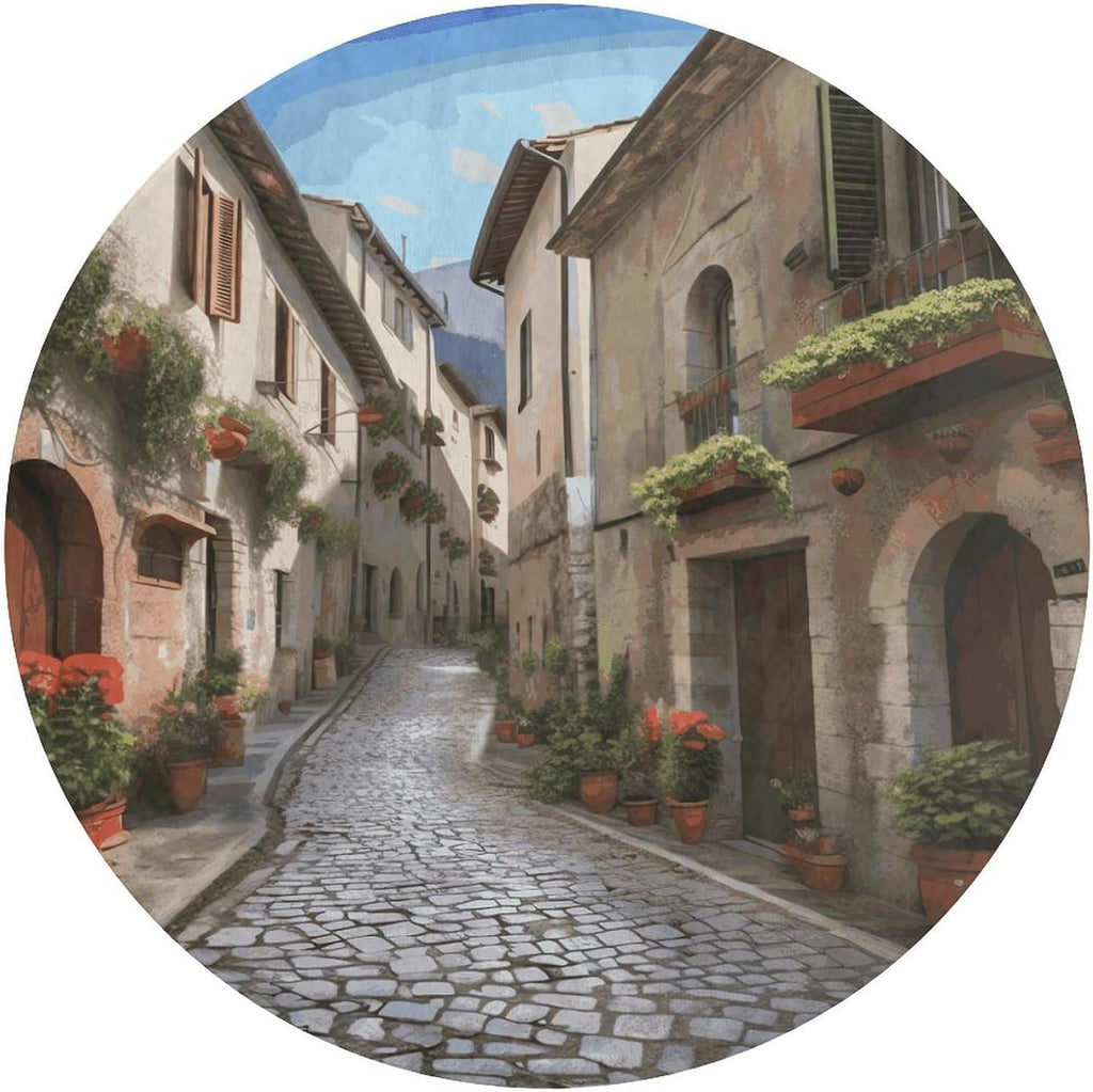 Italian Town Street Coral Velvet Round Floor Mat Non-Slip Bath Rug Floor Covering for Bathroom Vanity Guest Suite & Vacation Home