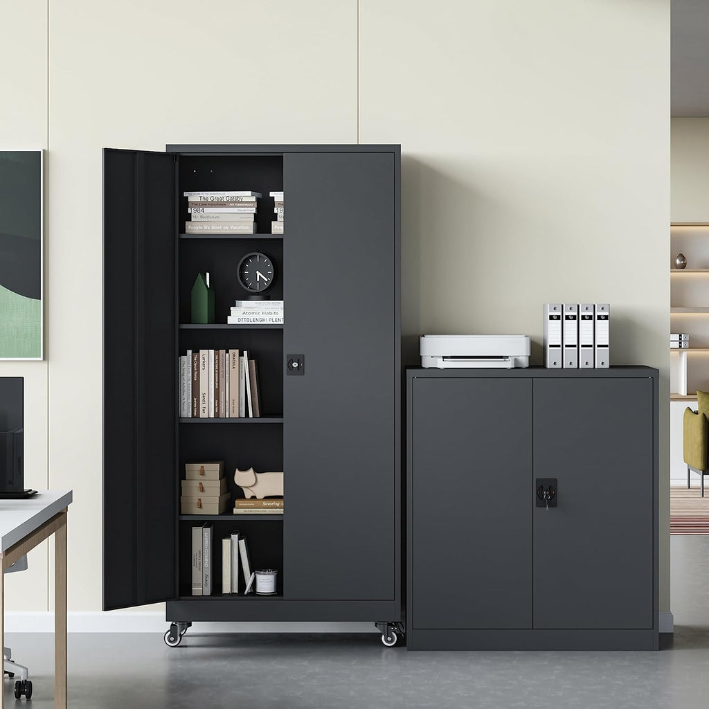 RAVIGIN Metal Garage Storage Cabinet with Wheels,75' H Locking Tool Cabinet with 2 Doors and 4 Adjustable Shelves Tall Cabinet for Garage, Heavy Duty File Cabinet for Office, School (Black)