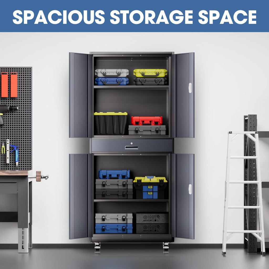 DNA Motoring Metal Storage Cabinet, 73'' Rolling Garage Cabinet with 1 Drawer and Adjustable Shelves, Lockable Cabinet Heavy Duty Utility Cabinet for Garage,Office,Home,Gray Black, TOOLS-00630-GY-BK