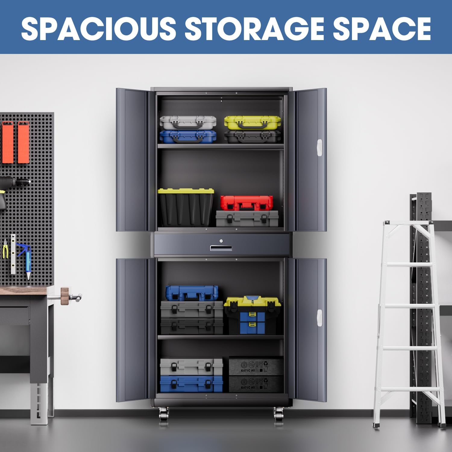 DNA Motoring Metal Storage Cabinet, 73'' Rolling Garage Cabinet with 1 Drawer and Adjustable Shelves, Lockable Cabinet Heavy Duty Utility Cabinet for Garage,Office,Home,Gray Black, TOOLS-00630-GY-BK