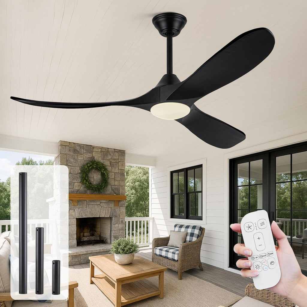 52 Inch Black Ceiling Fans with Lights, Modern Ceiling Fan for Patios with Remote Control, 3 Blades Large Airflow Damp Rated Wood Ceiling Fan for Farmhouse Bedroom, High Low Sloped Ceiling