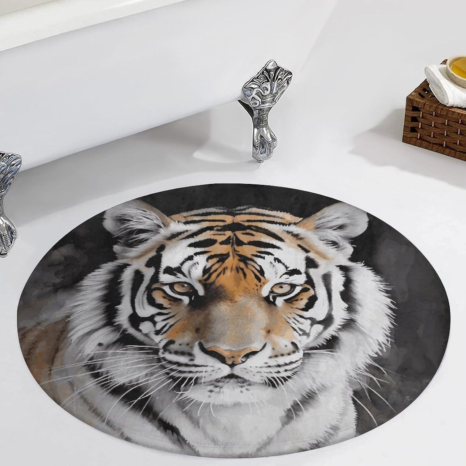 Tiger Coral Velvet Round Floor Mat Non-Slip Bath Rug Floor Covering for Bathroom Vanity Guest Suite & Vacation Home