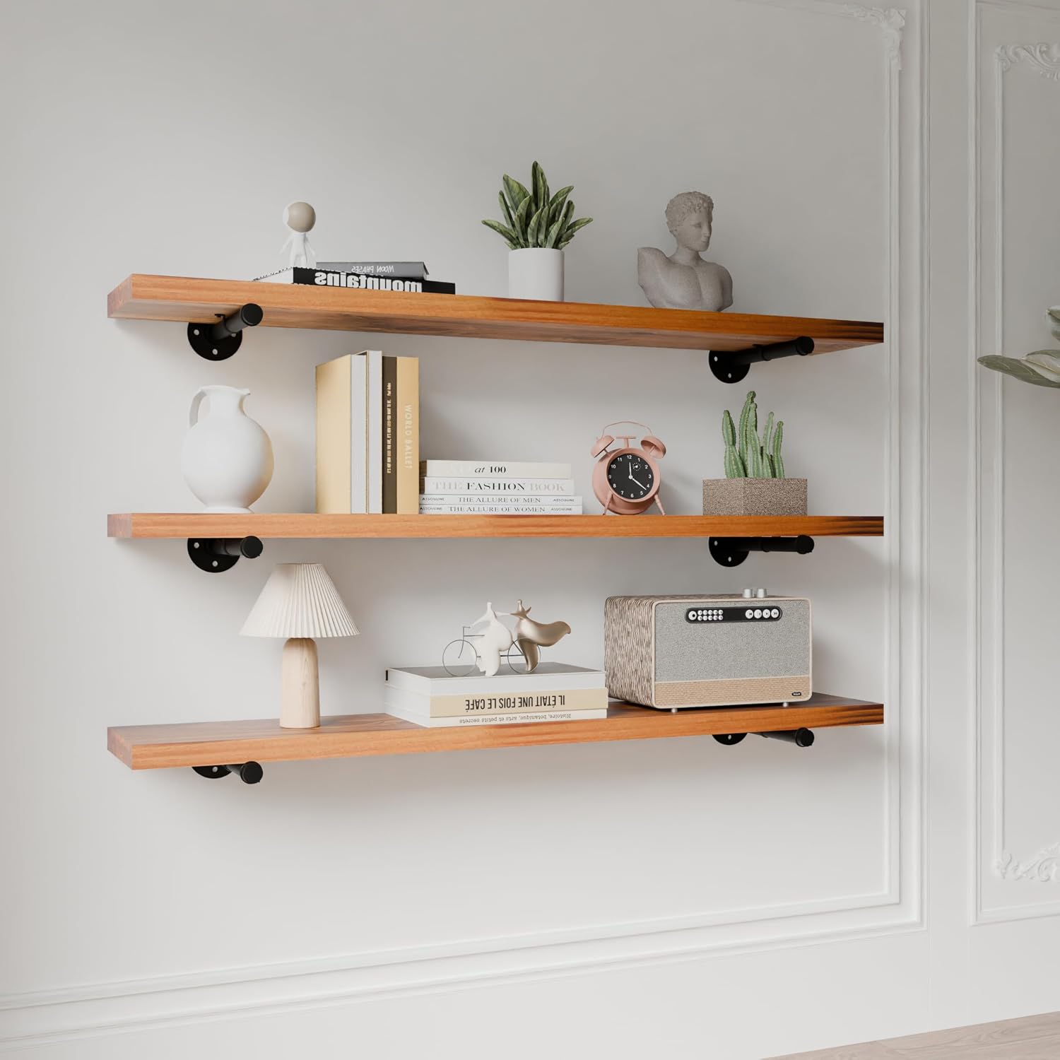 HDDFER Industrial Pipe Wall Wood Shelves,Real Wooden Shelves 36' in Walnut Color with 1.2' Extra Thickness, Modern Floating Shevles