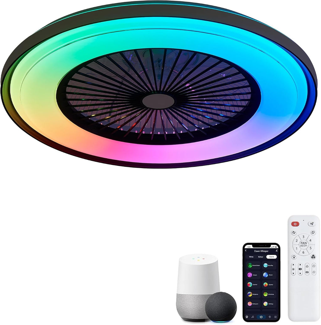 Dawn Whisper 24' Low Profile Ceiling Fans with Lights Quiet DC Motor 6 Speeds Timer Flush Mount Enlosed LED Modern Smart RGB Ceiling Fans with Alexa/Tuya APP Remote Control for Kids Bedroom Black