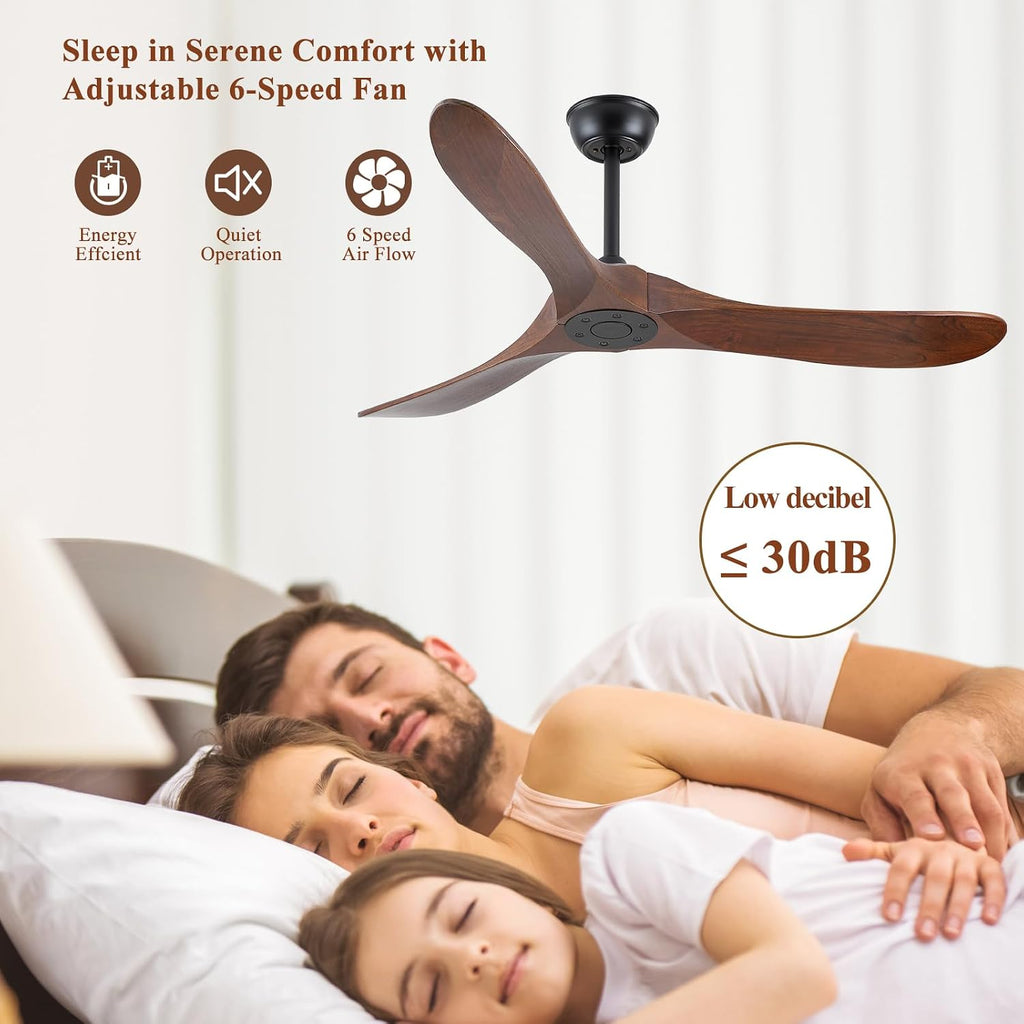 Walnut Wood 52' Ceiling Fan, No Light, 6-Speed, Reversible 3 Blades, Timed Shutdown, Silent DC Motor, for Bedroom, Porch and Living Room