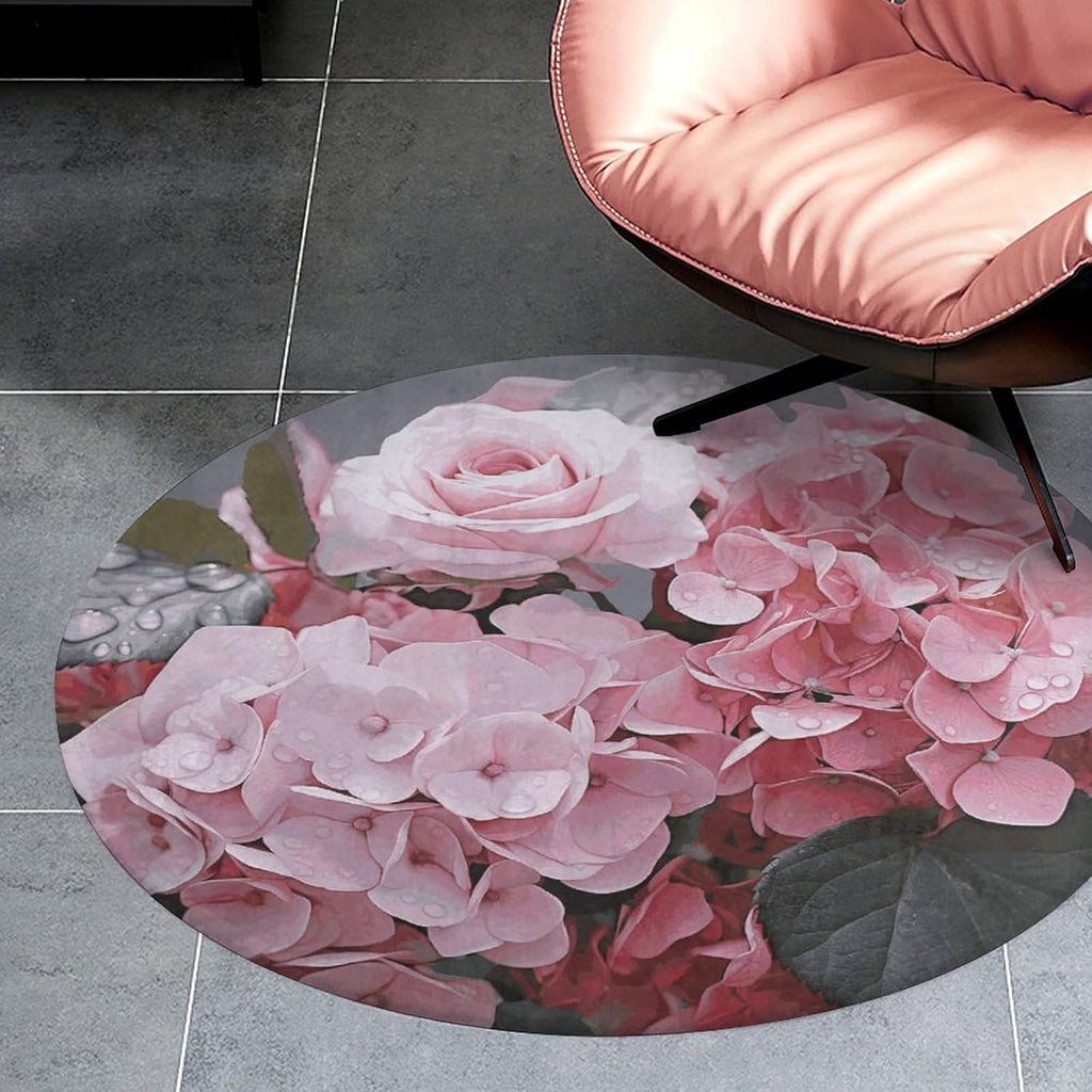 Pink Rose Hydrangea Coral Velvet Round Floor Mat Non-Slip Bath Rug Floor Covering for Bathroom Vanity Guest Suite & Vacation Home