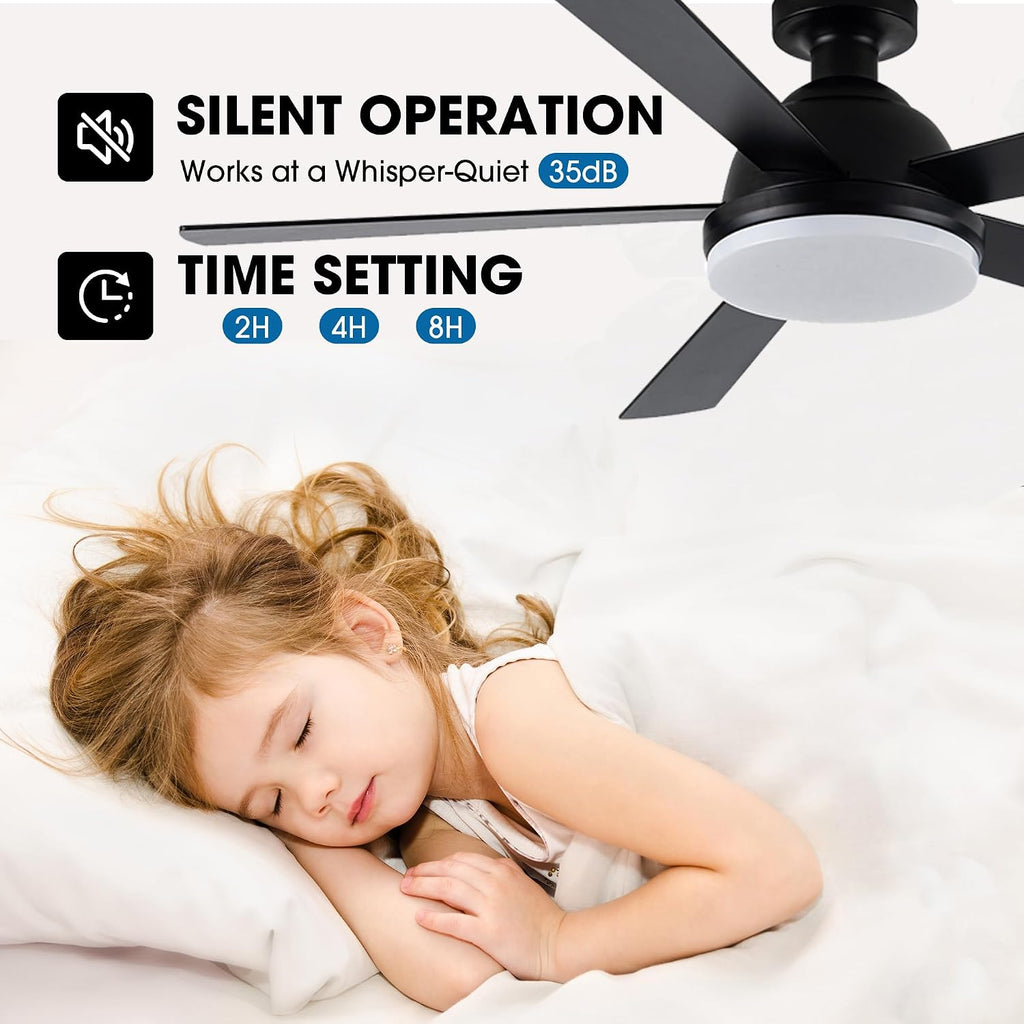 Black Ceiling Fans with Lights, 52 Inch Outdoor Ceiling Fans with Lights and Remote, Modern Indoor Bedroom Ceiling Fan Noiseless, Reversible Blades, DC Motor