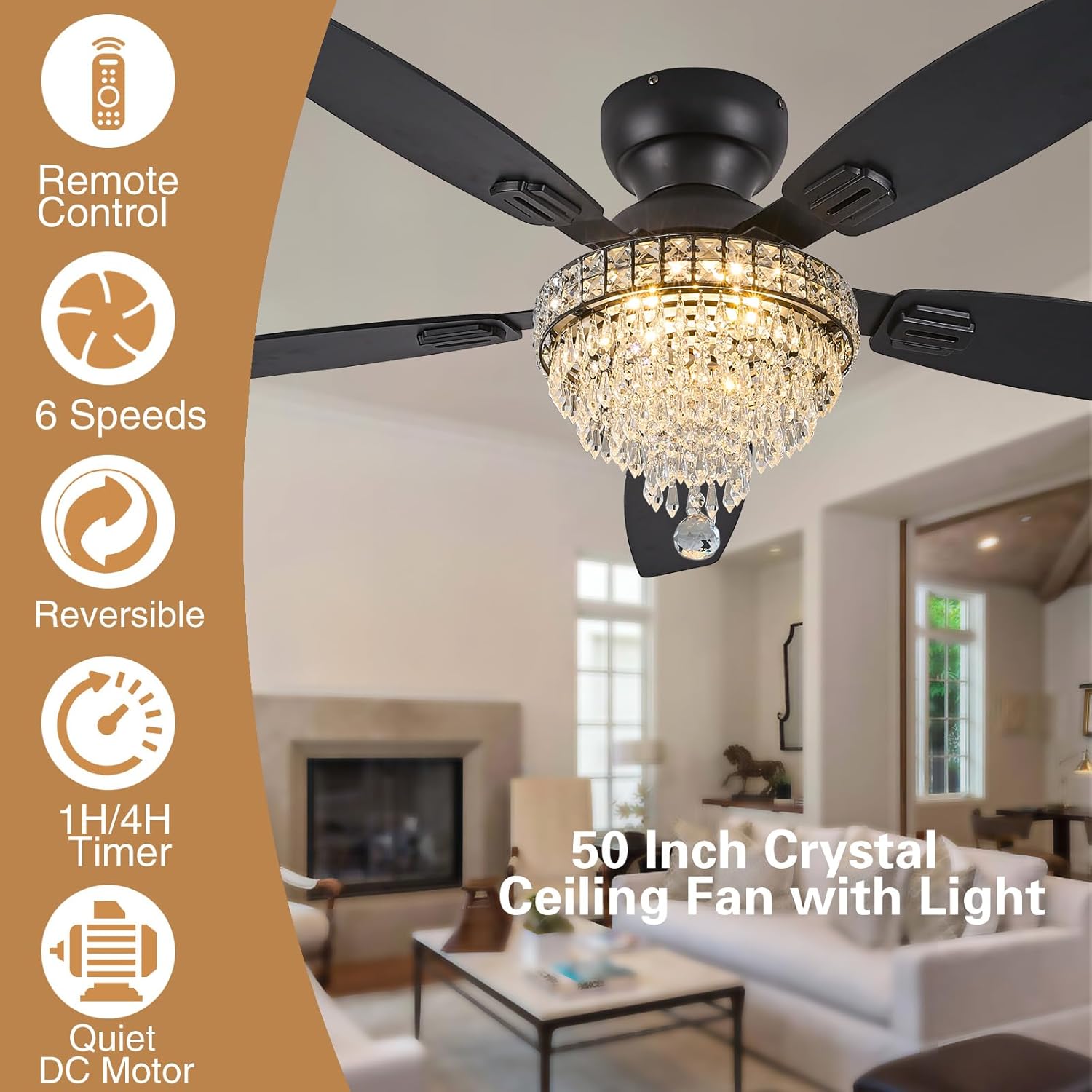 Crystal Ceiling Fan Fandelier with Lights-Ceiling Fans,50' Low Profile and Remote Control, Flush Mount, Reversible, Dimmable, Noiseless, Black Ceiling Fan for Bedroom