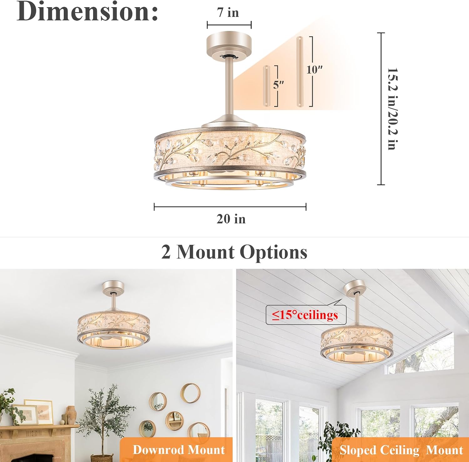 WWM 20 Inch Low Profile Caged Fandelier Ceiling Fan with Lights – Farmhouse Style, DC Motor Fixes Flickering, Reversible Motor, 6 E12 LED Bulbs Included, Remote Control, Quiet & Energy-Efficient