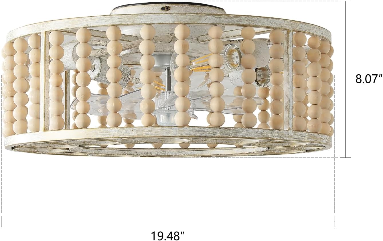 20' Boho Ceiling Fan with Light: Wood Beaded Caged Ceiling Fans with Lights Flush Mount,Remote and Reversible 6 Speeds Fandelier for Bedroom, Kitchen, Living Room,E26 Base No Bulb.