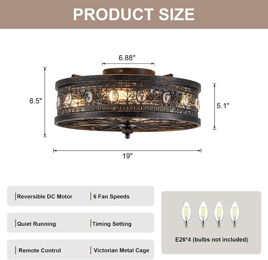 19'' Caged Ceiling Fan with Lights and Remote, Vintage Victorian Rustic Fandelier Flush Mount Low Profile Fandelier Small Enclosed Bladeless Chandelier for Bedroom Kitchen Dining Room