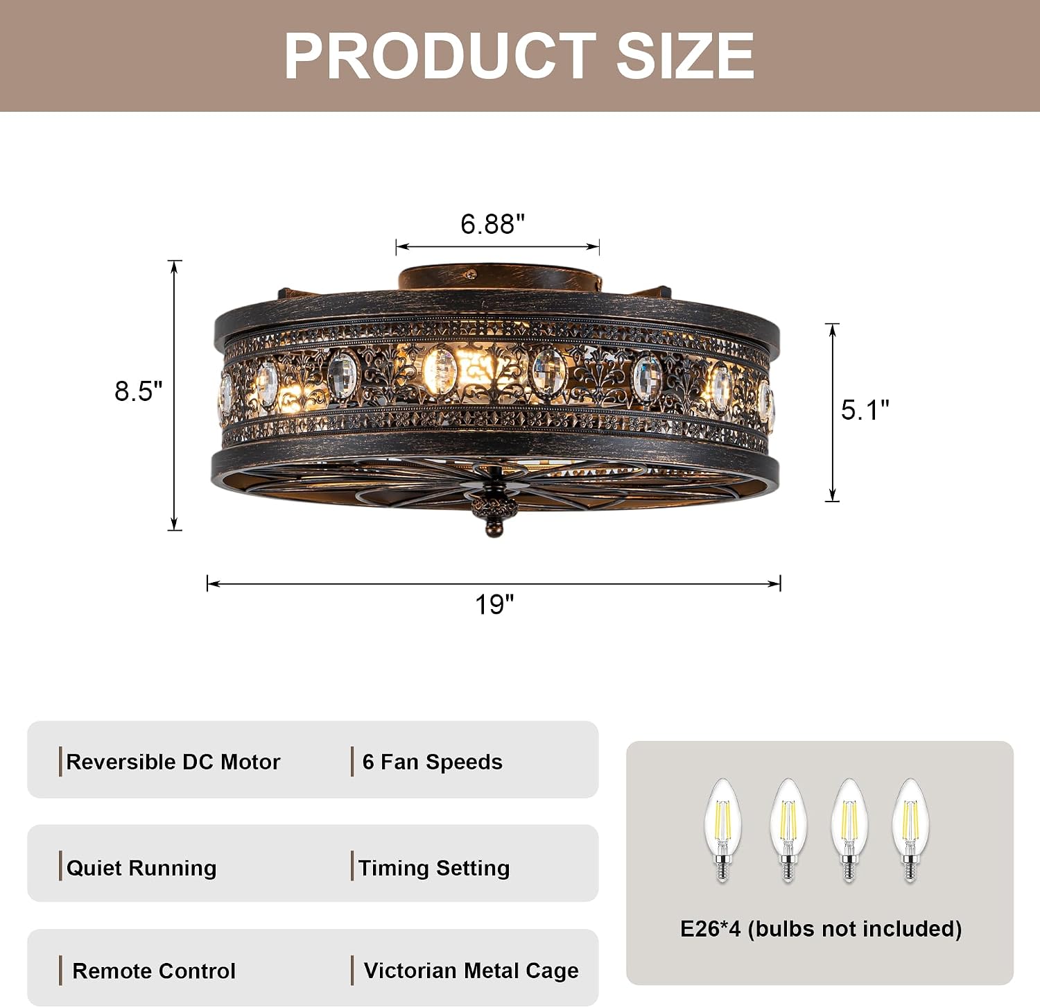 19'' Caged Ceiling Fan with Lights and Remote, Vintage Victorian Rustic Fandelier Flush Mount Low Profile Fandelier Small Enclosed Bladeless Chandelier for Bedroom Kitchen Dining Room