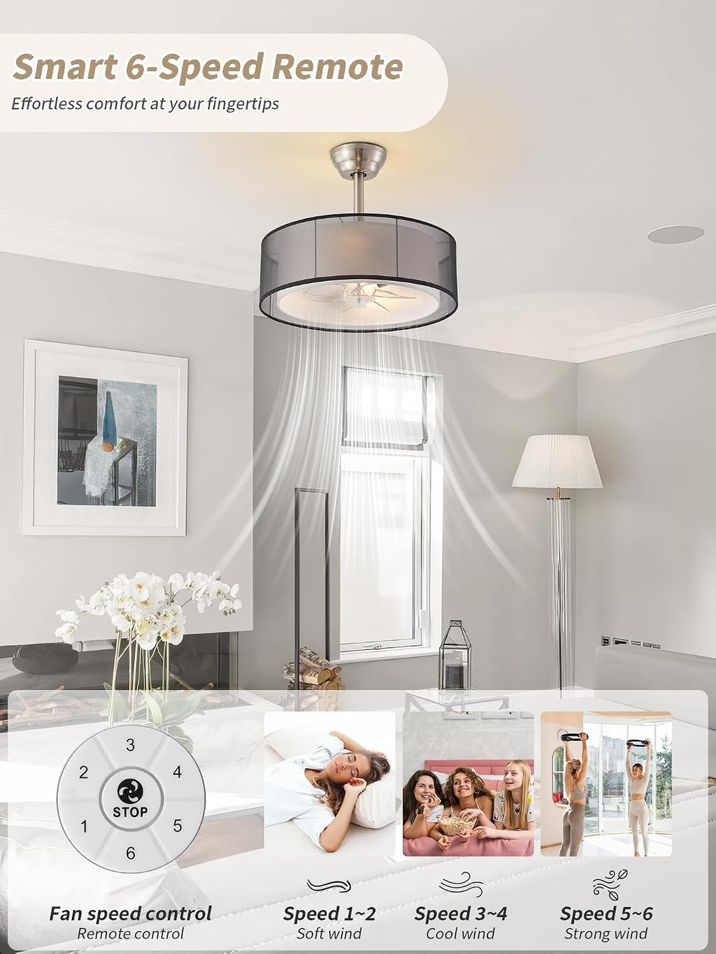 20' Caged Fandelier Ceiling Fans with Lights, Black Mid Century Chandelier Ceiling Fan with Light Remote Control with 6 Speeds for Bedroom, Living Room, Nursery