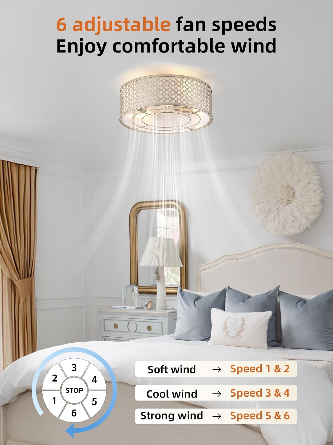 20' Gold Ceiling Fan with Light Flush Mount, Boho Ceiling fans with lights Remote Control, with 6 Speeds for Bedroom, Nursery, Living Room