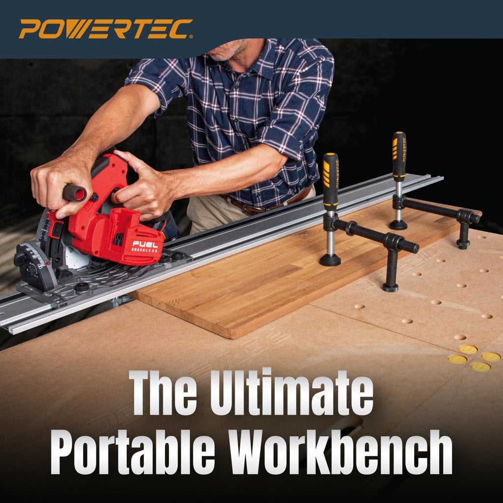 POWERTEC 72303 Arachni Flex 24' x 48' Foldable Workbench Tabletop w/2PCs Bench Dog Clamps for 3/4' Dog Holes- Portable Work Surface w/Pre-drilled Dog Holes & Quick-Insert Locks for Workstand