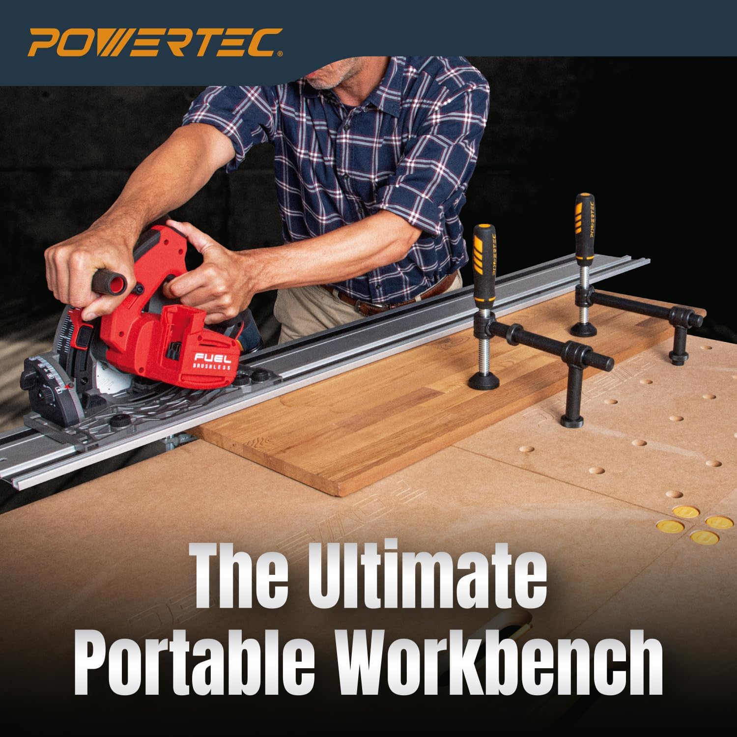 POWERTEC 72303 Arachni Flex 24' x 48' Foldable Workbench Tabletop w/2PCs Bench Dog Clamps for 3/4' Dog Holes- Portable Work Surface w/Pre-drilled Dog Holes & Quick-Insert Locks for Workstand