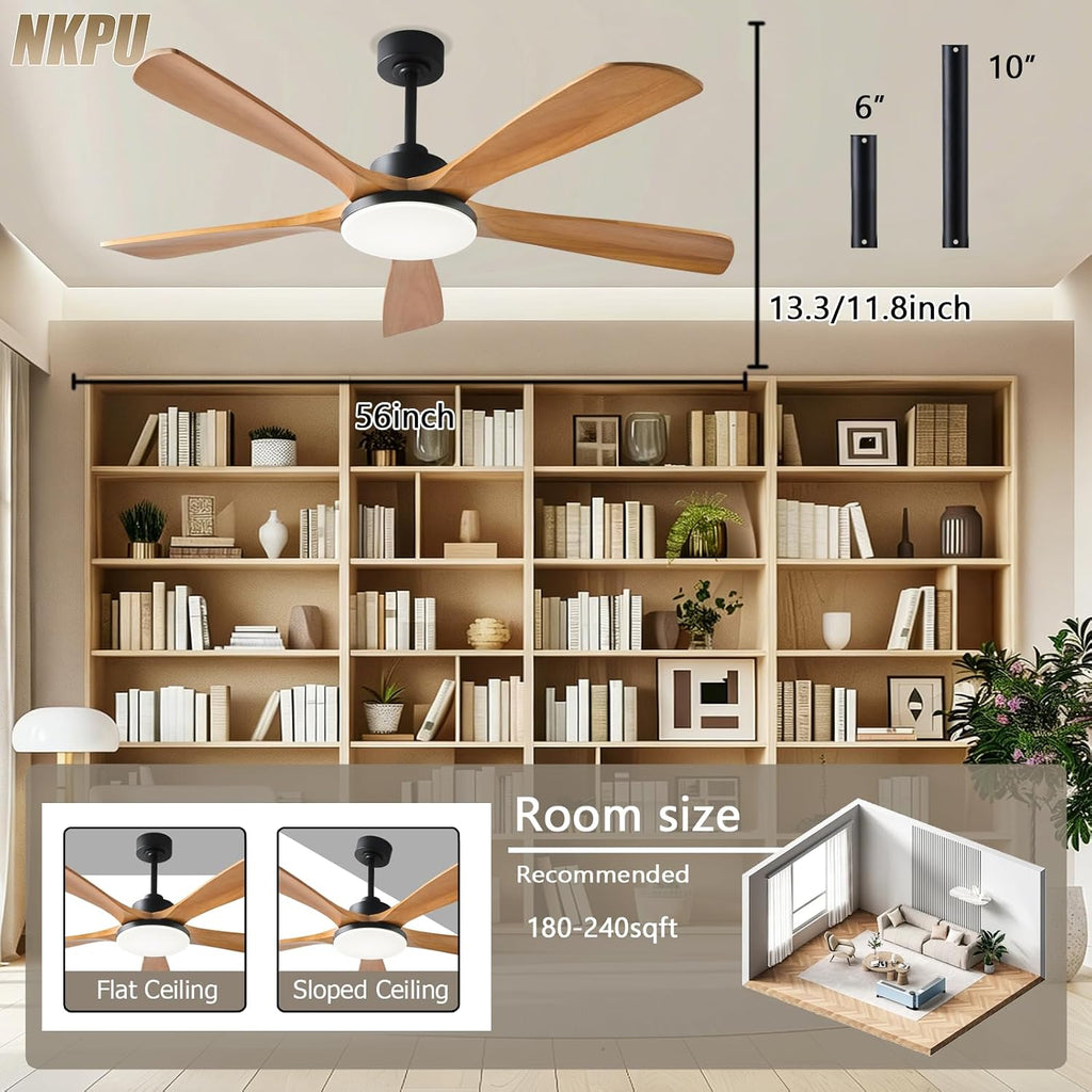 NKPU Ceiling Fans with Lights and Remote Control, 5 Solid Wood Blades, 3CCT Dimmable, 56 Inch Modern Outdoor Ceiling Fans for Bedroom Farmhouse Patios, Quiet DC Motor