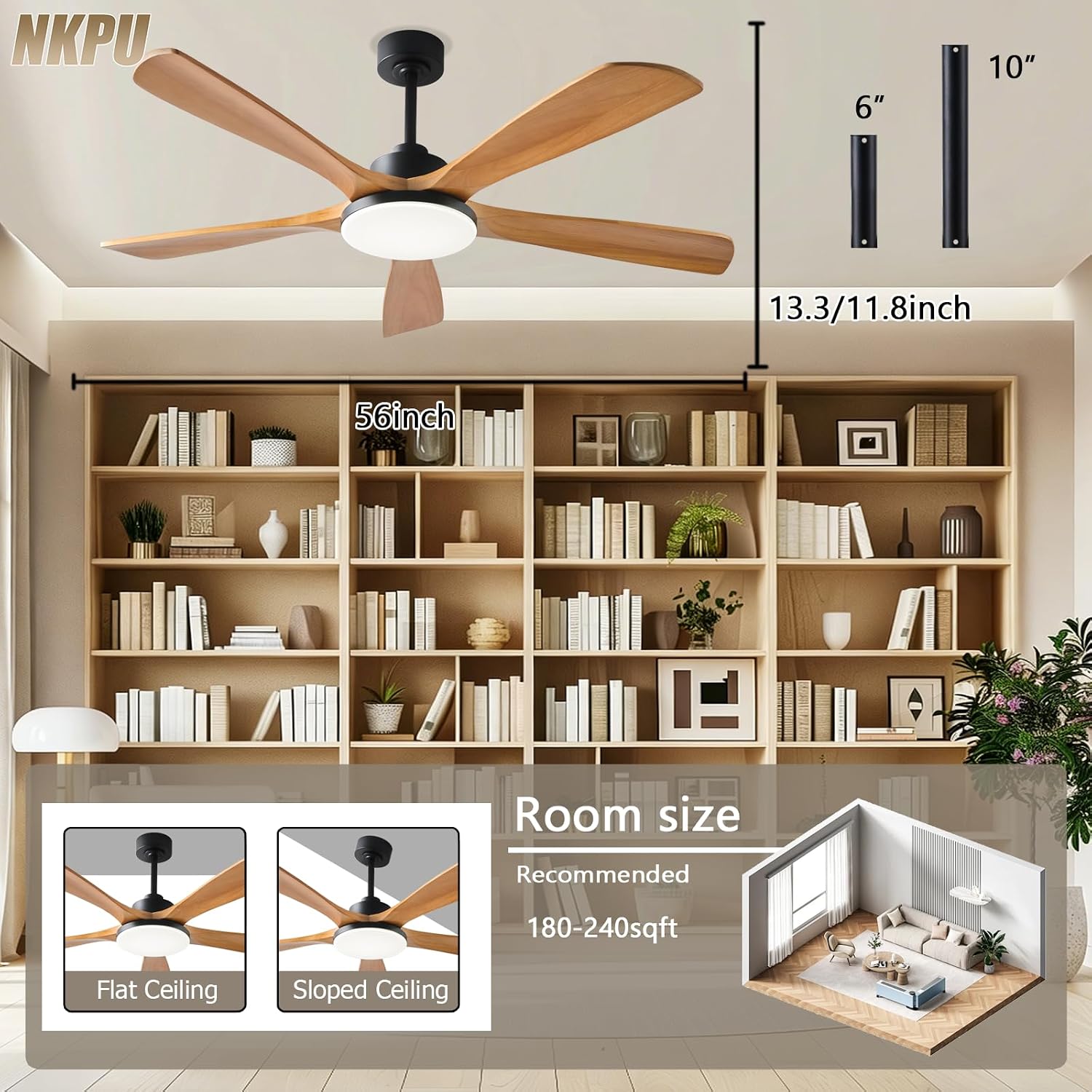 NKPU Ceiling Fans with Lights and Remote Control, 5 Solid Wood Blades, 3CCT Dimmable, 56 Inch Modern Outdoor Ceiling Fans for Bedroom Farmhouse Patios, Quiet DC Motor