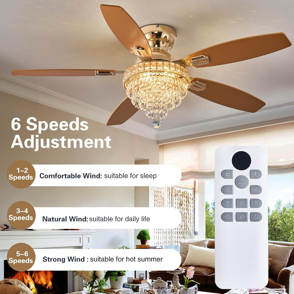 Crystal Ceiling Fan Fandelier with Lights-Ceiling Fans,50' Low Profile and Remote Control, Flush Mount, Reversible, Dimmable, Noiseless, Gold Ceiling Fan for Bedroom