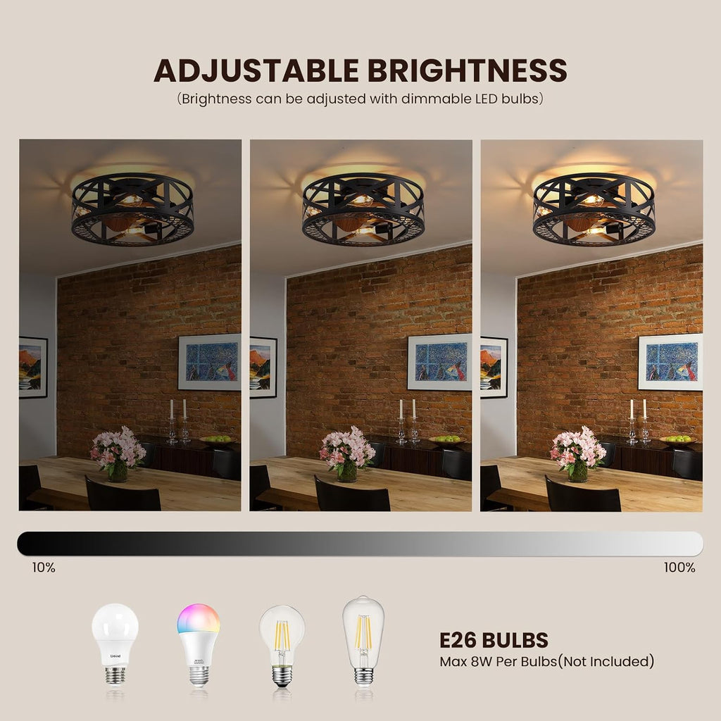20' Caged Ceiling Fans with Lights, Modern Dimmable Flush Mount Ceiling Fan with Lights Remote, Black Low Profile Ceiling Fan for Bedroom, Kitchen,6 Speed Reversible