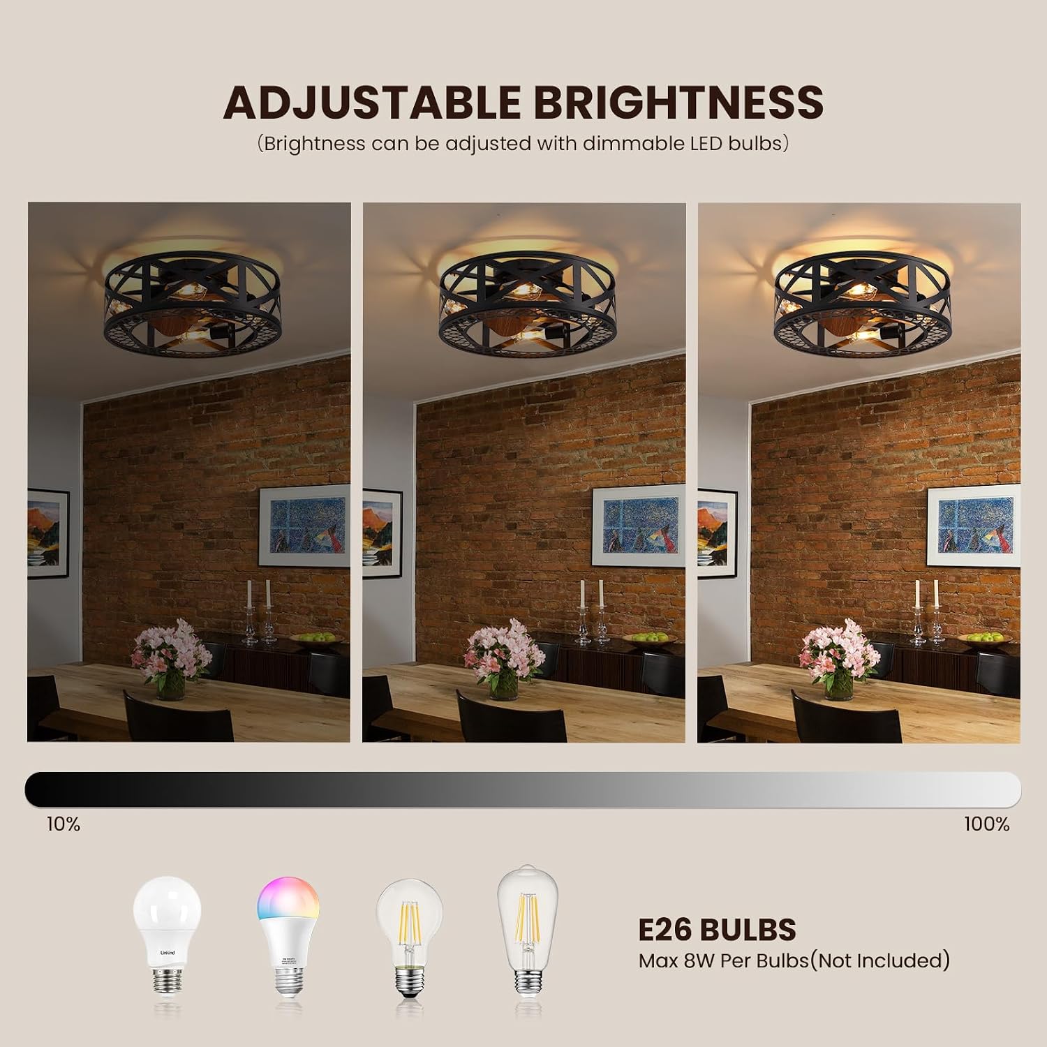 20' Caged Ceiling Fans with Lights, Modern Dimmable Flush Mount Ceiling Fan with Lights Remote, Black Low Profile Ceiling Fan for Bedroom, Kitchen,6 Speed Reversible