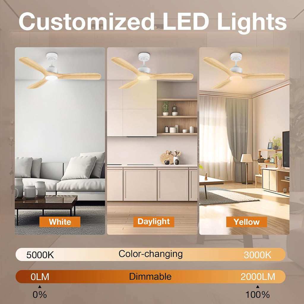 Hoenofly 52' Wood Smart Ceiling Fans with Lights Remote,Quiet DC Motor,Outdoor Indoor Ceiling Fan,Voice Control via WIFI Alexa App,Dimmable,Modern Light Wood Ceiling Fan for Bedroom Patio Porch