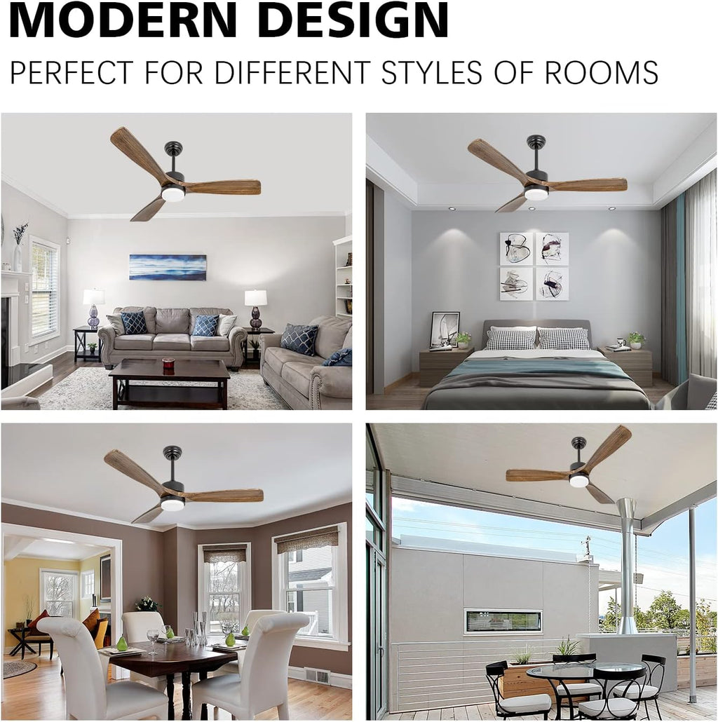52 inch Wood Ceiling Fans with Lights and Remote, Modern Ceiling Fan with Light, 3 Color Light, 6 Speed, DC Motor, for Bedroom/Outdoor/Farmhouse/Patios, Walnut Black