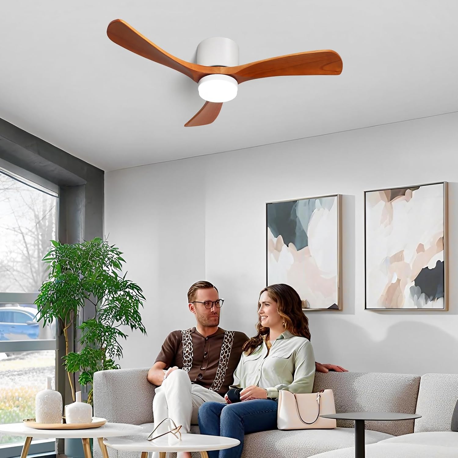 GESUM 42' Flush Mount Ceiling Fan with Lights3 Wood Blades, Reversible,Dimmable, Low Profile Ceiling Fan with Remote Control for Living Room Kitchen Bedroom(White+Wood)